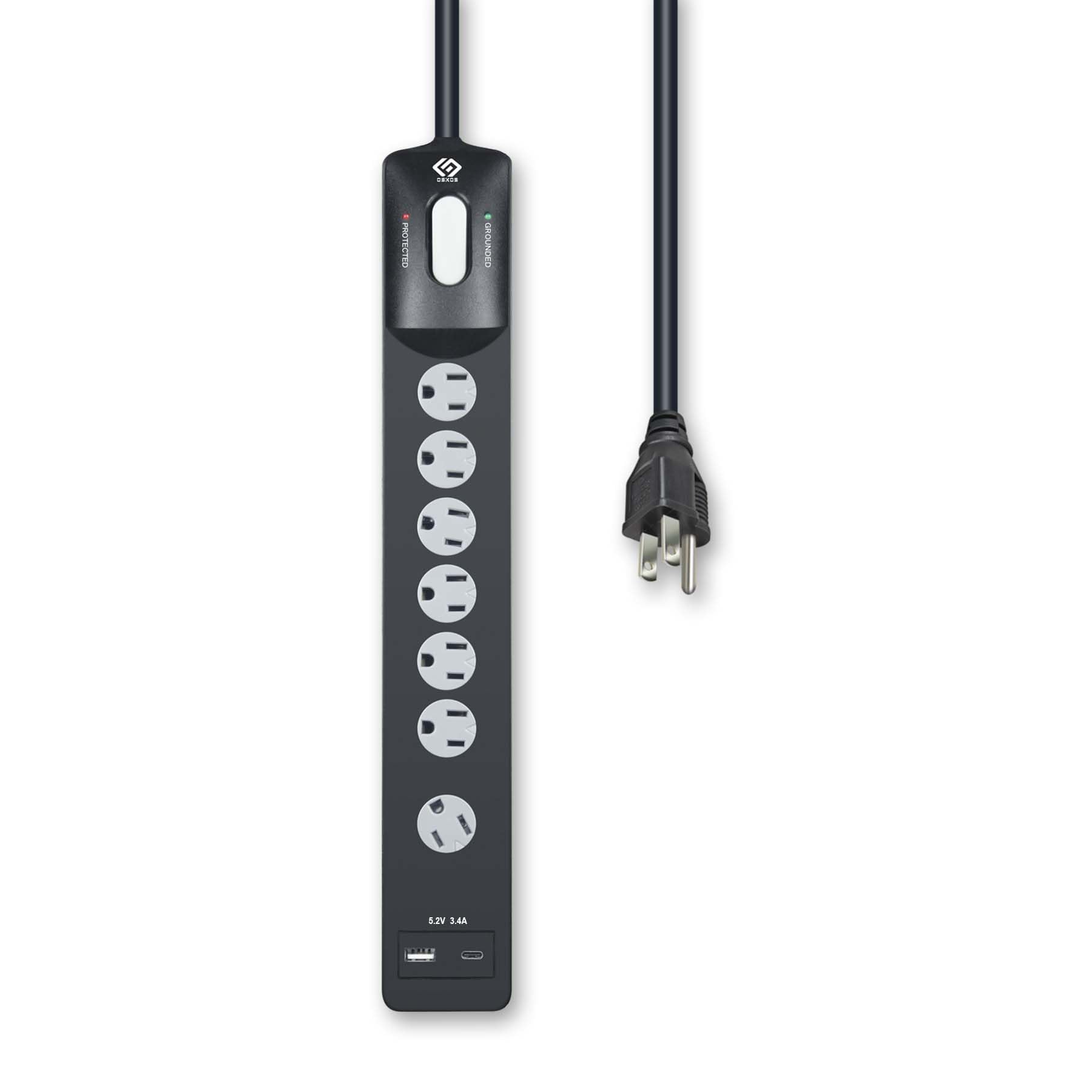 OSKOS Surge Protector Power Strip, 7 Outlets, Two USB 3.4A Ports (1A1C), 6FT Extension Cord, 1440 Joules, 15A/1800W,Wall Mountable, UL Listed