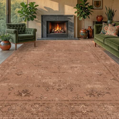 TALANOVA Terracotta 8x10 Washable Area Rug for Living Room, Non Slip Low Pile Mineral Geometric Rug for Bedroom, Dining Room, Distressed Modern Farmhouse Décor