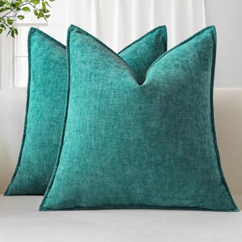 Sungeek Set of 2 Soft Chenille Cushion Covers 50x50cm Square Decorative Throw Pillow Covers with Stitched Edge Solid Dyed Pillow Cases Covers for Home Decor Couch Sofa Bed Living Room, Teal