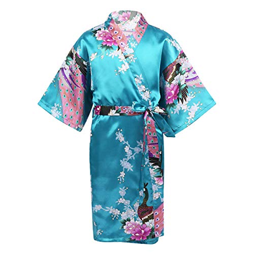 easyforever Kids Girls Peacock Flower Printed Stain Kimono Robe Sleepwear Spa Bathrobe Wedding Party Pageant Ball Gowns Lake Blue 11-14