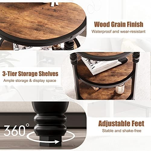 Close-up image highlighting the wood grain finish, three-tier storage shelves, and 360-degree adjustable feet of the IDEALHOUSE Round End Table.
