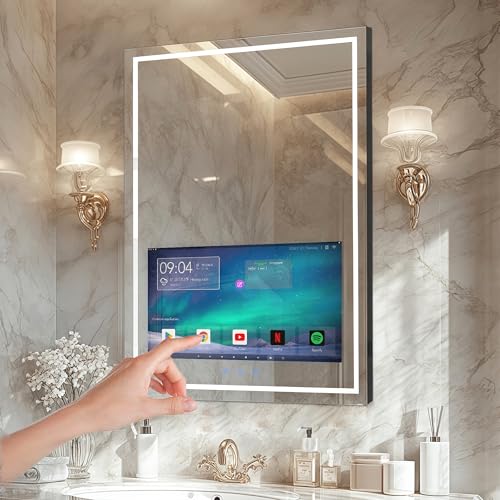 Haocrown 24x32 Inch Bathroom Vanity Mirror with 21.5' Touch Screen Smart System, Built-in Speakers, Smart Apps, Clock & Weather, 3 Color Dimmable LED, Anti-Fog, WiFi Bluetooth HDMI, Wall Mounted