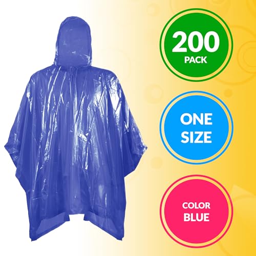 Image of ABC PACK & SUPPLY Disposable Rain Ponchos for Adults, Blue Hooded Rain Poncho, One Size, Polyethylene 0.02mm, Individually Wrapped, Bulk Pack of 200
