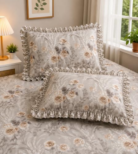 Image of Fitted Bedsheet Queen Size 300 TC Soft Cotton Feel Microfiber All Around Elastic Fitted Double Bedsheet with 2 Frill Pillow Covers | Size (60x78) Beige Rose
