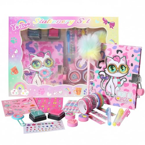 Pinkgarden Diario de gatos para niñas con candado y llaves, set de papelería de gatos con sellos, pegatinas y bolígrafos - Regalo de cumpleaños perfecto para niños de 4 a 12 años