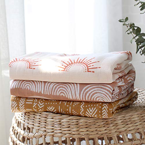 Lifetree 3 Pack Muslin Swaddle Blankets - Soft Bamboo Cotton Baby Swaddle Blankets Unisex For Boys & Girls Newborn - Earthy Color Collection, Lightweight, Breathable, Large 47 X 47 Inches #TOP2