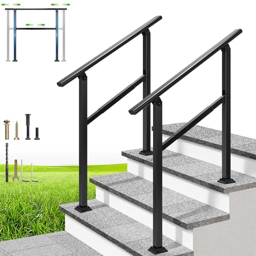 VIVOHOME Adjustable Outdoor Handrails - Durable Galvanized Steel, Black Oval Design for Porch, Deck & Stairs, 2-Pack for 3 Steps