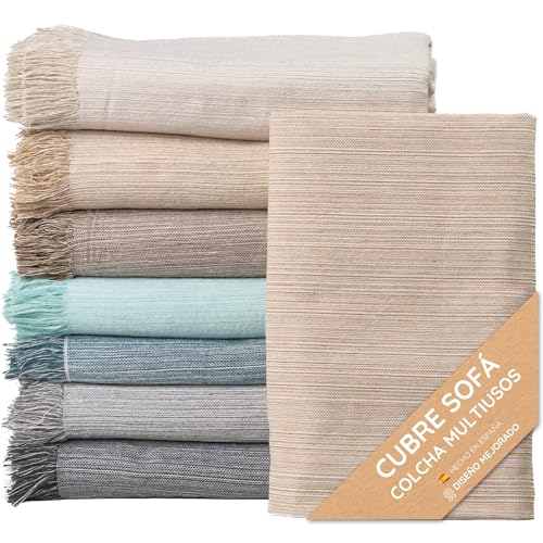 Jarapa Home Made with love Colcha Multiusos: Plaid Sofa, Manta Foulard, Cubre Cama, Foulard para Sofas de Algodón y Otras Fibras Acabado de Calidad Fabricado en España. (Marrón Claro, 230x260cm)