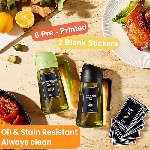 Image of CXINYI - 16oz /470ml Olive Oil Dispenser for Kitchen with Stickers - 2 in 1 Olive Oil Sprayer for Cooking, Air Fryer, and Salad, 2 Black (Light-Proof Kitchen Gadget)