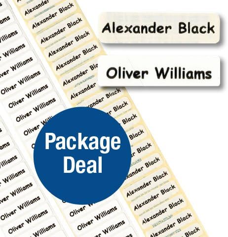 Name Tag PACKAGE DEAL - Iron-on Nametapes & Peel & Stick Property Labels (100 Iron-on & 100 Peel&Stick)