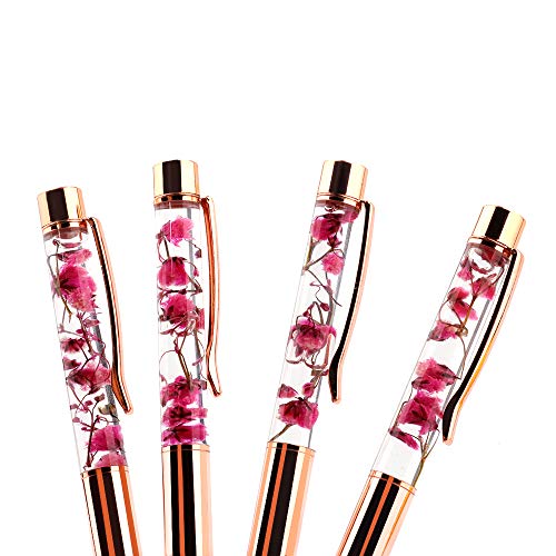 Rose Gold Ballpoint Pen,4 Pieces Metal Ball Pens Dynamic Liquid Flower Pen Black Ink Pen Refills for Office Rose Gold Desk Supplies - Thumbnail 3