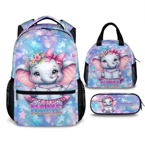 Backpack for Girls, Custom Elephant Backpacks for Girls 5-8, 3 Set in Large Capacity Casual Bookbag for Preschool Elementary Kindergarten Travel Picnic School Supplies