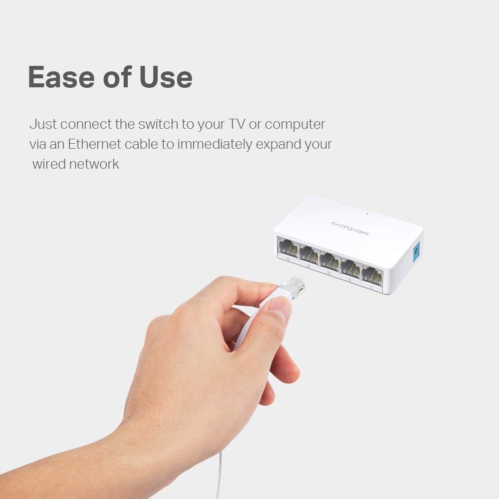 A hand plugging an Ethernet cable into one of the Mercusys MS105 switch's ports.