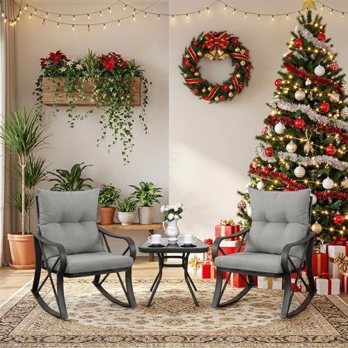 COSIEST 3 Piece Bistro Set Patio Rocking Chairs Outdoor Furniture w Warm Gray Cushions, Glass-Top Table for Garden, Pool, Backyard - Image 3