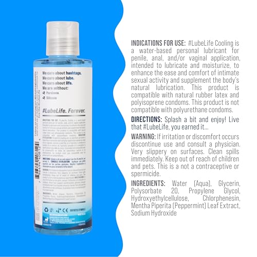 LubeLife Water-Based Cooling Personal Lubricant, Cool Tingling Feel for Men, Women, and Couples, 8 Fl Oz