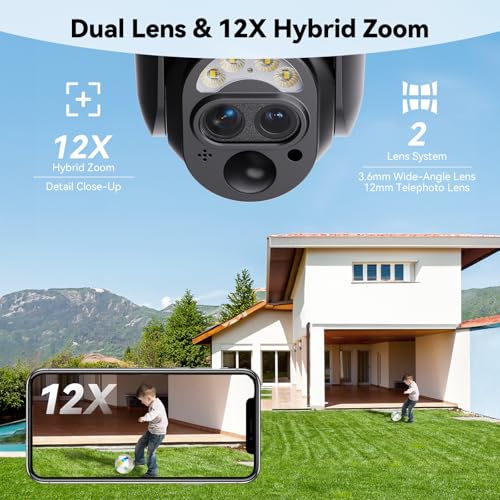 SEHMUA 4G LTE Dual Lens Cellular Security Camera, 12X Hybrid Zoom, No WiFi Needed Outdoor Surveillance, Solar Powered, 2K Color Night Vision, 360° View, Built-in SIM Card, IP65 - Image 3