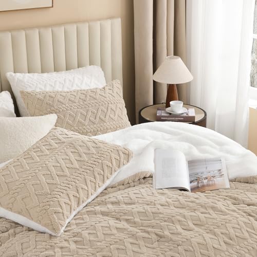 Image of Andency Fluffy Sherpa Queen Comforter Set, Super Soft Beige Fleece Warm Bedding for Winter, Luxury Jacquard Boho Thick Fuzzy Plush Bed Set 3 Pieces(1 Shaggy Comforter, 2 Pillowcases)
