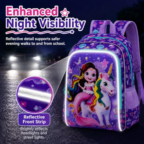 Image of 16 inch Mermaid Backpack for Girls, 3Pcs Unicorn Kids Bookbag with Lunch Box,School Backpacks for Elementary Preschool Kindergarten (Purple)