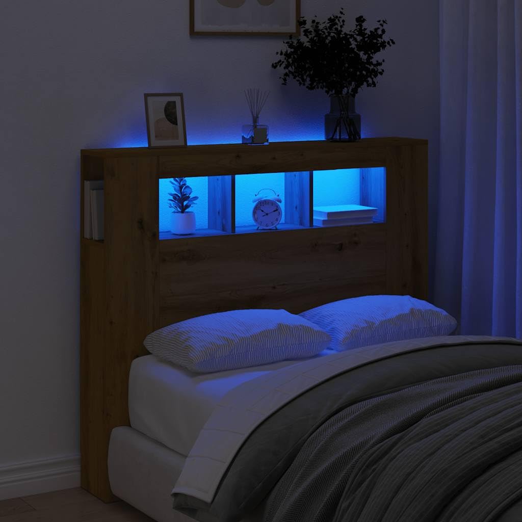 Zagłówek LED Artisan dąb 120 x 18,5 x 103,5 cm, materiał drewnopochodny z oświetleniem RGB LED, stabilna płyta górna, oparcie, półki, nadaje się do sypialni, podwójnego łóżka, montażu na