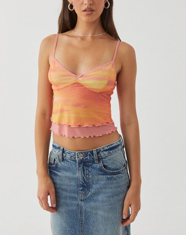 Argeousgor Women Y2K Mesh Tank Top Spaghetti Strap Sleeveless Square Neck Cami Tops Going Out Camisole Crop Top - Image 3
