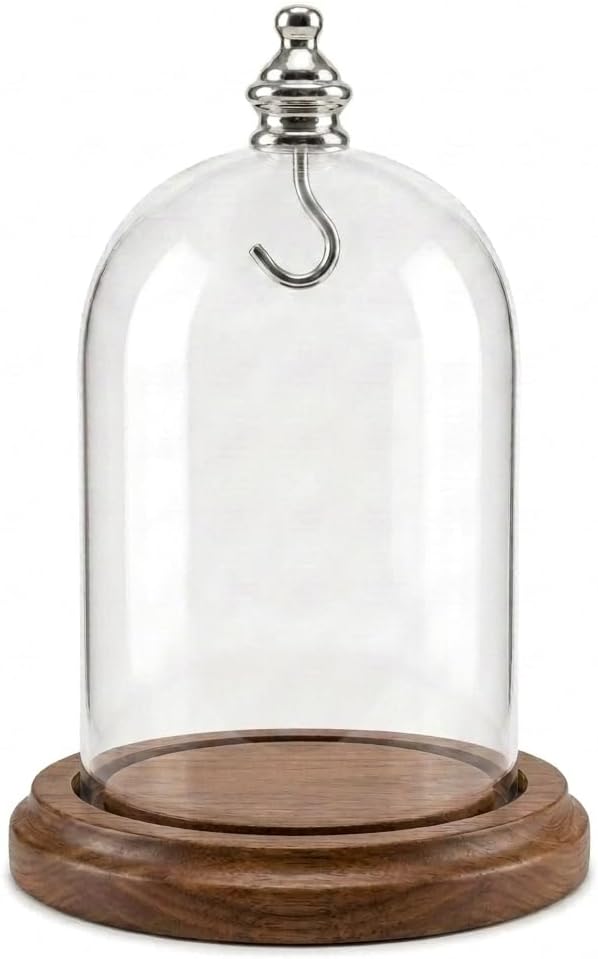 3"x4-1/2" Pocket Watch Glass Display Dome Cloche Real Walnut Wood Base & Silver/Chrome Metal hook