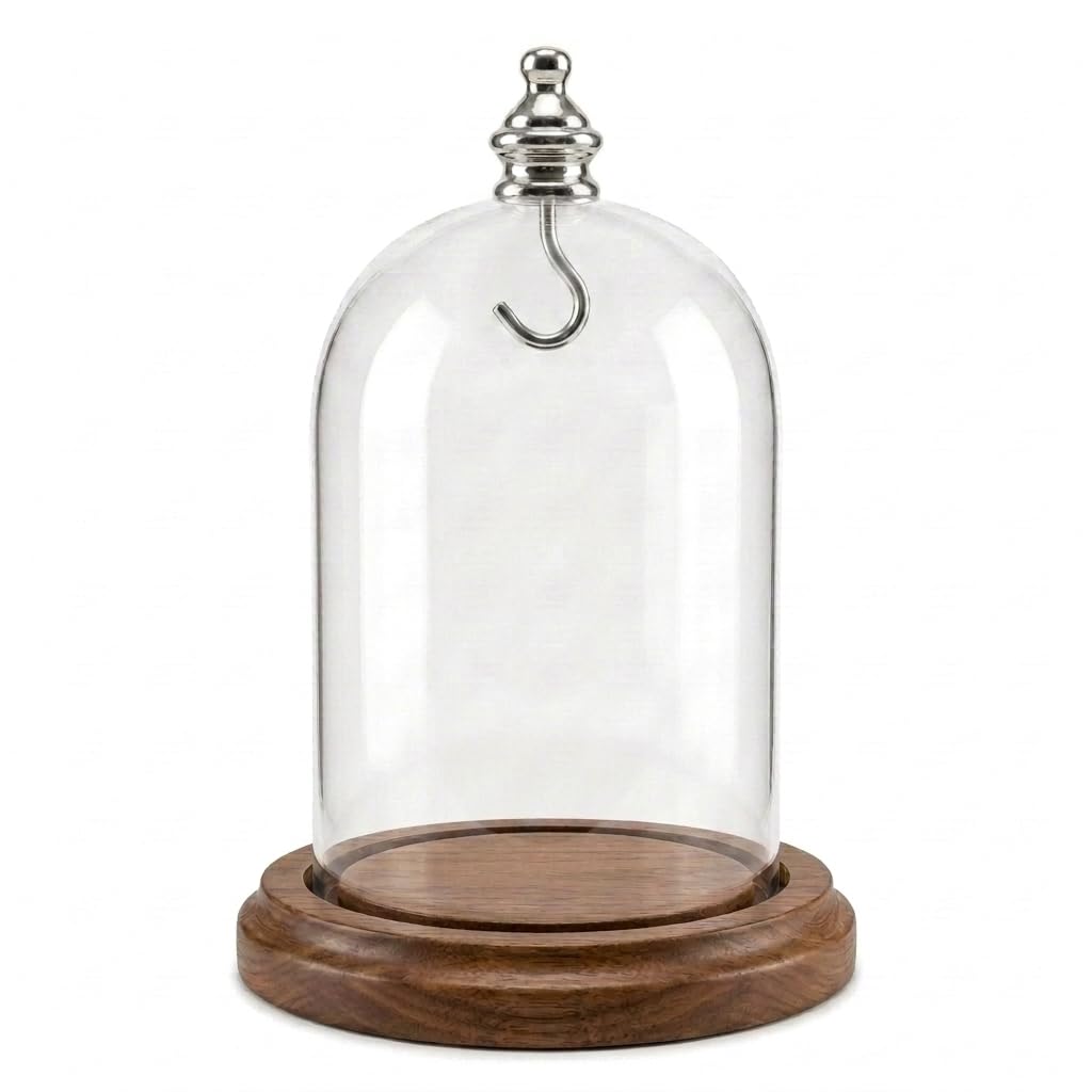 3"x4-1/2" Pocket Watch Glass Display Dome Cloche Real Walnut Wood Base &amp; Silver/Chrome Metal hook