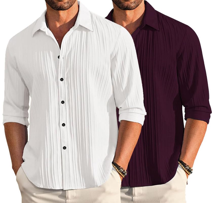 Image of DEELMO Combo of Men's Casual Button Down Shirts Long Sleeve Linen Shirt Fashion Textured Summer Shirts Pack of 2