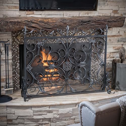 ksxnkhk Protector de Chimenea y Puerta de Hierro Forjado, Estilo Victoriano, con diseño Floral ornamentado, 112 cm de Ancho, para chimeneas existentes, Acabado Plateado sobre Negro.