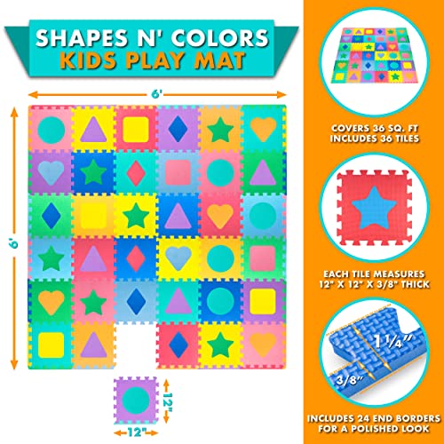 Image of ProSource Kids Foam Puzzle Floor Play Mat with Shapes & Colors 36 Tiles, 12 inchx12 inch and 24 Borders