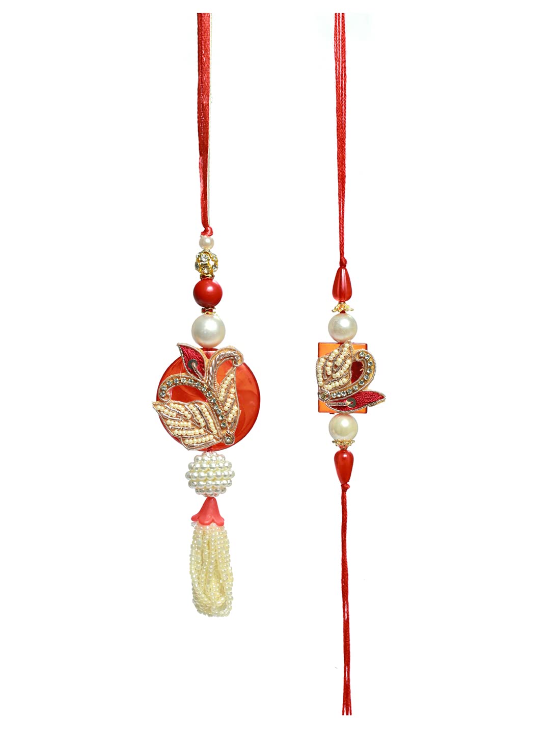 Priyaasi Rakshabandhan Red Beaded Fancy Lamba and Rakhi Set with Roli Chawal, Greeting Card for Bhaiya-Bhabhi, Bhai, Brother, Men - Traditional Stylish Rakhi (Set of 2) - Image 2 thumbnail
