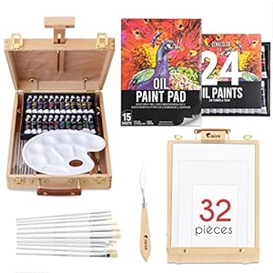 Coffret Peinture à l’Huile Artiste avec Boite Chevalet – 24 Tubes de Peinture à l’Huile,10 Pinceaux,1 Couteau pour Peinture,3 Toiles,Bloc de Peinture et 1 Palette-Cadeau