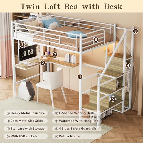Image of Twin Size Metal Loft Bed with Reversible Stairs & L-Shaped Desk,White | Storage Stairs,Wardrobe,L-Shaped Desk,USB Charging Station,Space-Saving for boys & Girls, Noise-Free, No Box Spring Needed