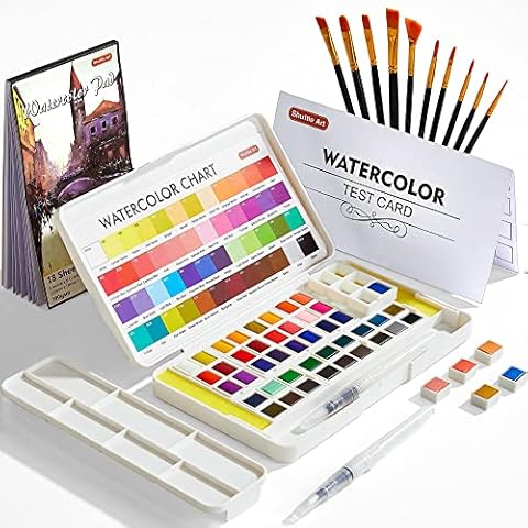Shuttle Art Aquarellfarben Set, 48 Wasserfarben mit 2 Wasserpinsel, 10 Pinsel, 1 Aquarellblock (18 Aquarellpapier), 1 Palette, Aquarellkasten, Aquarell Set für Kinder, Erwachsene, Einsteiger geeignet Cover