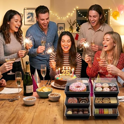 Image of Hiceeden 100 Pcs Black Paper Charcuterie Boxes with Clear Lids, 5.4 inchx5 inchx2.4 inch Cardboard Dessert Food Containers, Disposable Square Sandwich Box for Bakery, Donuts, Cookies, Strawberry, Salad