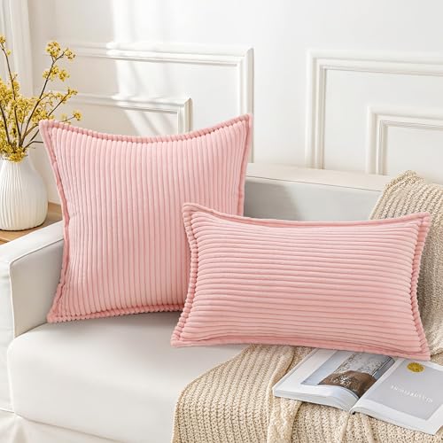 Mecatny Corduroy Throw Pillow Covers 18x18 Set of 2, Neutral Decorative Soft Boho Couch Pillow Covers with Broadside for Sofa Living Room, Pink