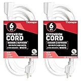 Thonapa 2 Pack White Extension Cord 6 ft, 16/3 SJTW Weatherproof Indoor & Outdoor Extension Cord 3 Prong Grounded Plug, Heavy Duty Power Cable Great for Home, Office & Outdoor Lights, US Veteran Owned