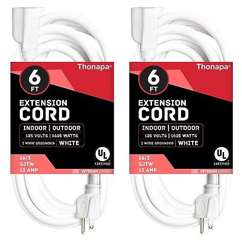 Thonapa 2 Pack White Extension Cord 6 ft, 16/3 SJTW Weatherproof Indoor & Outdoor Extension Cord 3 Prong Grounded Plug, Heavy Duty Power Cable Great for Home, Office & Outdoor Lights, US Veteran Owned