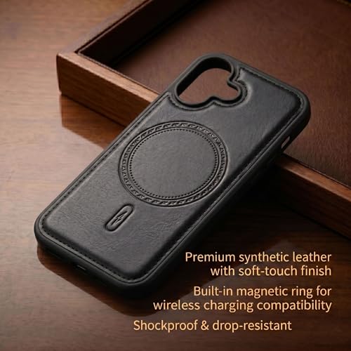 Image of amazon basics Premium PU Leather Case for iPhone 17, MagSafe Compatible Magnetic Ring, Sleek Protective Back Cover - [Black]