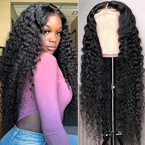 22 Inch 5x5 Deep Wave Lace Closure Wigs Human Hair 150% Density Virgin Human Hair Wigs for Black Women Glueless Brazilian Deep Wave Lace Front Wigs Pre Plucked with Baby Hair