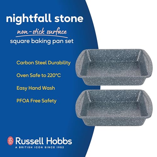 Russell Hobbs COMBO-5444 Square Baking Pan Roaster Tray Set of 2, Non-Stick, Carbon Steel Oven Tins, BPA/PFOA Free, For Brownies, Batch Cooking, Roasting, Nightfall Stone Collection, Blue Marble, 26cm - Image 3