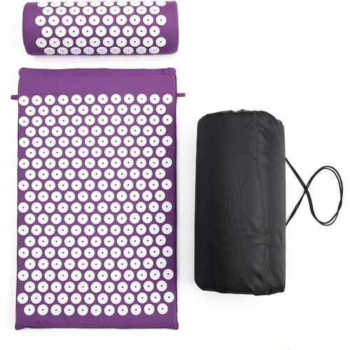 aelah マッサージマット、ヨガ、指圧、ストレス解消、腰痛緩和、枕とボックス付きスパイク (パープル)