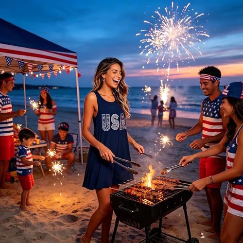 Image of Roshop Womens Juneteenth Flag Sleeveless Dress 4th of July Patriotic Swing Sundress with Pockets
