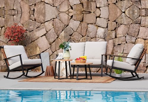 5-Piece Grey Leather-Look Patio Rocking Chair Set with Loveseat & Tables