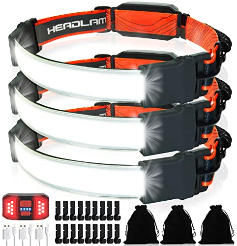 Headlamp Rechargeable, 3 Pack PSDRIQQ Bright LED Headlamps Wide Beam Head Lamp Headlight Flashlight with Red Tail Light 1200lm Lightweight Adjustable Waterproof for Biking Running Fishing Camping