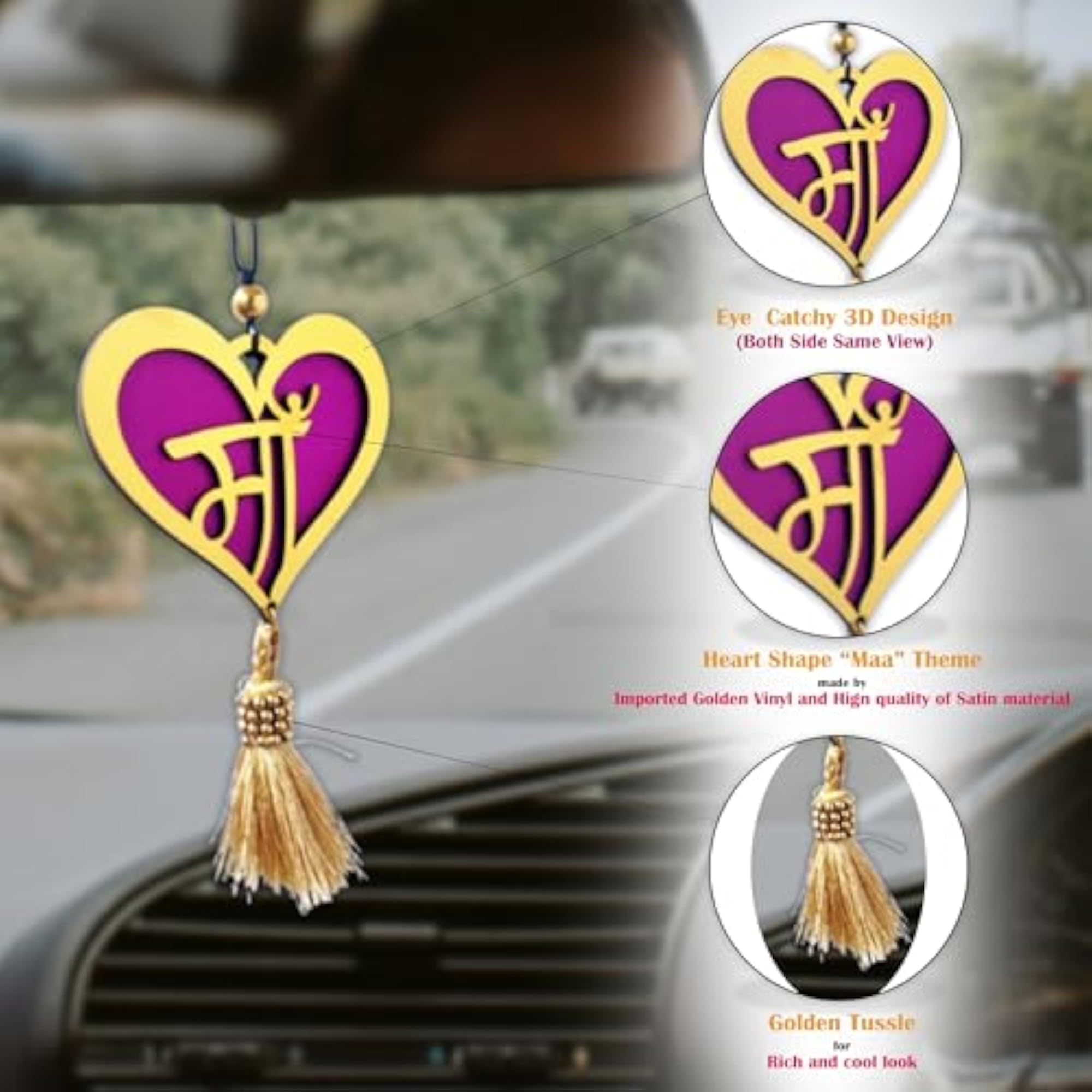 Heart-Shaped Maa Car Hanging Ornament with Golden Finish