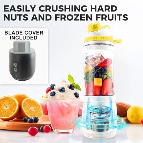 Portable Blender, Anti-Jamming 300 Watt for Shakes and Smoothies, 24oz Travel Blender USB Rechargeable, BPA Free Sporty bottle with a Travel Lid. (Black Base Grey Lid) (Yellow Base Green Lid)