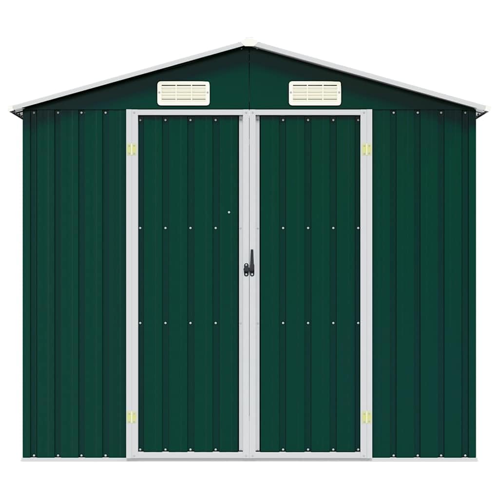 Gerätehaus Grün aus verzinktem Stahl 205x129x183 cm mit Doppeltüren, Lüftungsöffnungen und schrägem Dach für Gartenschuppen, Werkzeugraum, Fahrradschuppen, Wetterschutz und Aufbewahrung