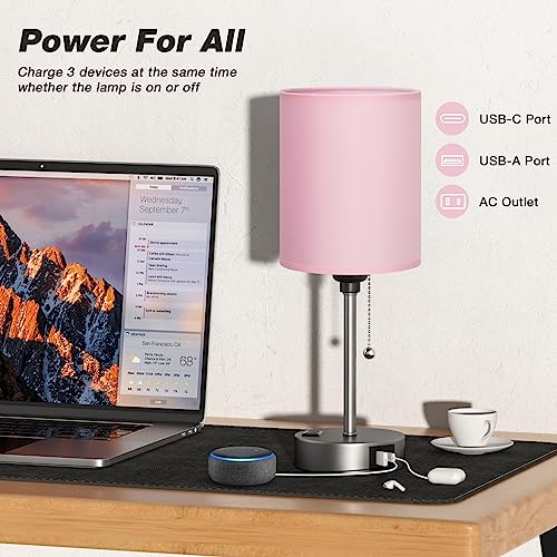 Dicoool Pink Bedroom Lamp for Bedside - 3 Color Temperatures Desk Lamp with USB C and A Ports, Pull Chain Table Lamp with AC Outlet, Nightstand Lamp with Silver Metal Base for Kids Girls by Dicoool - Image 3