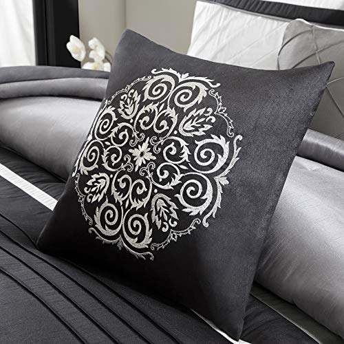 Madison Park Blaire Cozy Comforter Set-Luxurious Faux Silk Traditional Pieced Design All Season Down Alternative Bedding With Matching Shams, Decorative Pillow, Queen (90 In X 90 In), Grey 7 Piece #TOP12