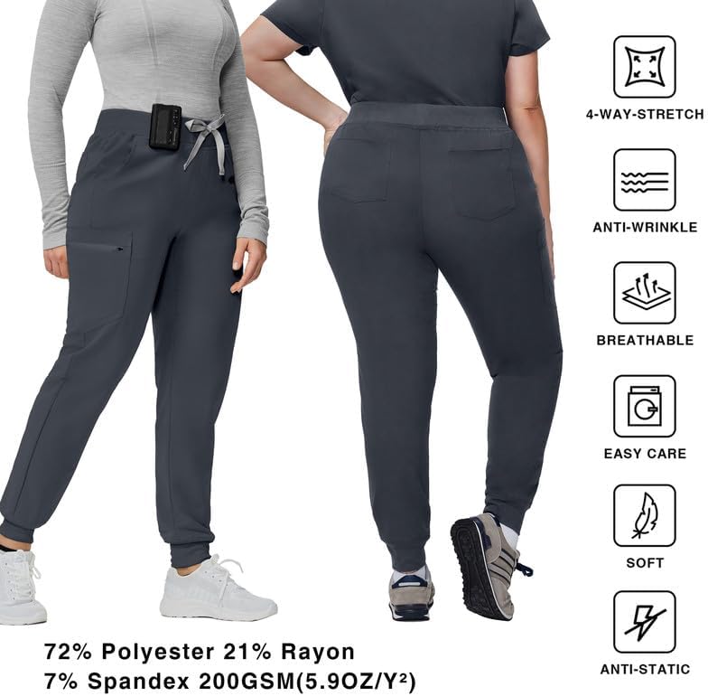 Kitmaz Medical Scrub Pants for Women - Mid Rise 4-Way Stretch Anti-Wrinkle Slim Fit Jogger Pants, Drawstring & 5 Pockets